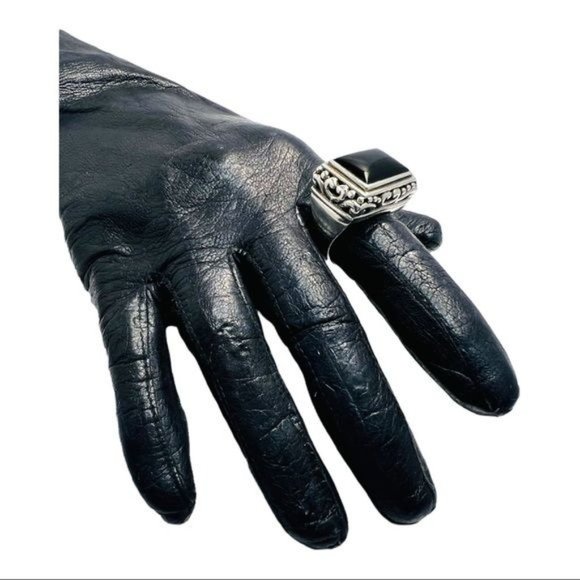 925 Thailand Silver Filigree Square Statement Ring with Black Onyx Cabochon Sz 9 - Picture 5 of 13